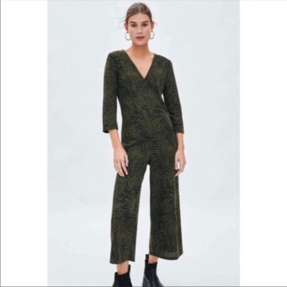 Zara Pants - Zara Trafaluc Olive Animal Print Jumpsuit Small